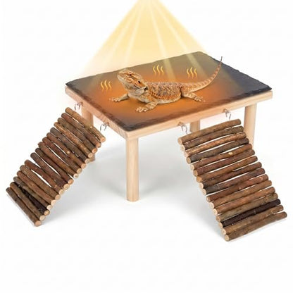 Bearded Dragon Basking Platform, Natural Slate Reptile Basking Rock with Wooden Climbing Ramp, Terrarium Habitat Decor for Lizard, Leopard Gecko, Tortoise, Snake