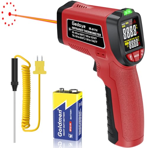 Infrared Thermometer Gun, Gedaye Laser Temperature with IR Pointer 13:1, Meat Temp Gun with Metal Probe, Adjustable Emissivity, -58℉ to 1076℉, Heat Thermometer for Cooking Pizza Oven Grill Fridge BBQ - color: Red