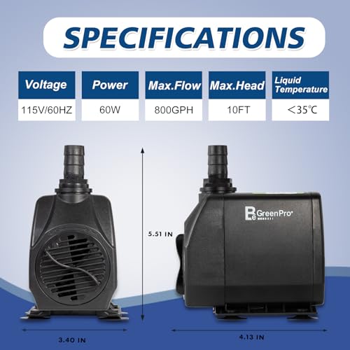800GPH Submersible Water Pump(3000L/H 60W), Adjustable Ultra Quiet Fountain Pump with 4 Nozzles 10ft High Lift for Aquarium, Fish Tank, Pond, Waterfall, Outdoor, Hydroponics - size: 800GPH