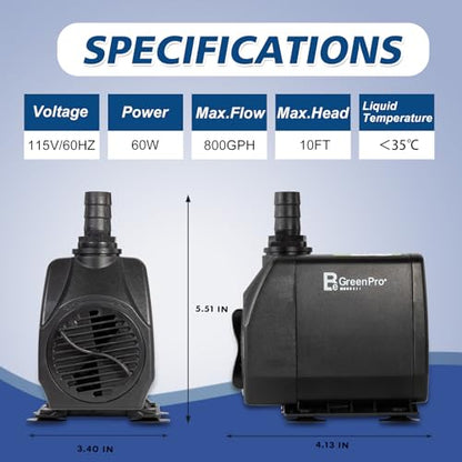 800GPH Submersible Water Pump(3000L/H 60W), Adjustable Ultra Quiet Fountain Pump with 4 Nozzles 10ft High Lift for Aquarium, Fish Tank, Pond, Waterfall, Outdoor, Hydroponics - size: 800GPH