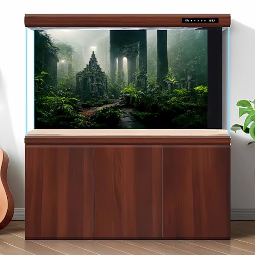 Fantasy Ancient Temple Aquarium Background Jungle Stone Columns Mysterious Foggy Rainforest Green Plants Fish Tank Background Magical Misty Rock Ruins Reptile Tank Enclosure Backgrounds 30x12in - color: Foggy Green, size: 30(W)x12(H)inches/ 75(W)*30cm(H)