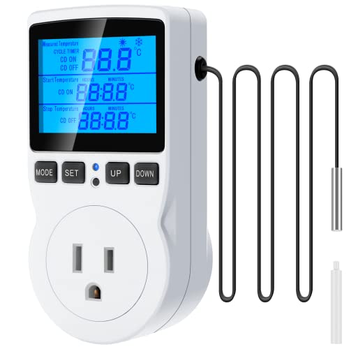 Digital Temperature Controller Thermostat Timer - Reptile Thermostat Controller Day Night Timer 1800W 120V 15A Temperature Controlled Outlet Plug Heating Cooling Control with Sensor （TC816） - style: TC816