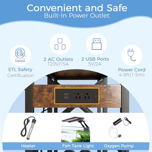 METYERRY 20-29-37 Gallon Fish Tank Stand with Power Outlet,Adjustable Shelf | 3 Tier Storage,400 LBS Heavy Duty Steel Frame, Fits Fish Reptile and Turtle Tanks, Stable Home Aquarium Setup - color: Rustic Brown, size: 20-29-37gallon