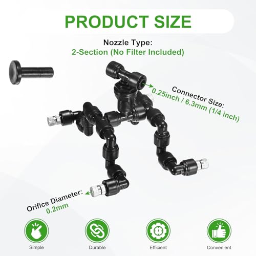 M METERXITY Reptile Mister Nozzles, 0.2mm Pore Copper 1/4" Four-Head Reptile Misting Spray Nozzle with Plug for Terrarium/Vivarium, 360 Degree Adjustable Detachable Nozzles [Black] - color: Black