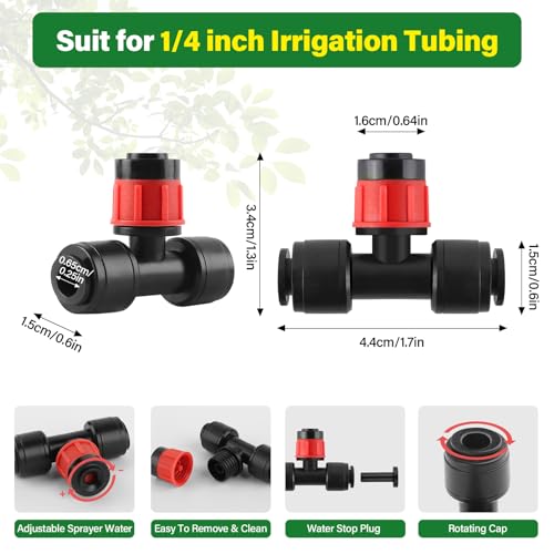 Kalolary 30Pcs Push-to-Fit Drip Irrigation Emitters for 1/4" Tubing | Adjustable 360 Degree Vortex Drip Emitters,Irrigation Dripper Sprinklers with 6PCS Plugs for Garden Irrigation System(Red) - size: 1/4” Push-to-Connect Tee- Vortex- 30P Red