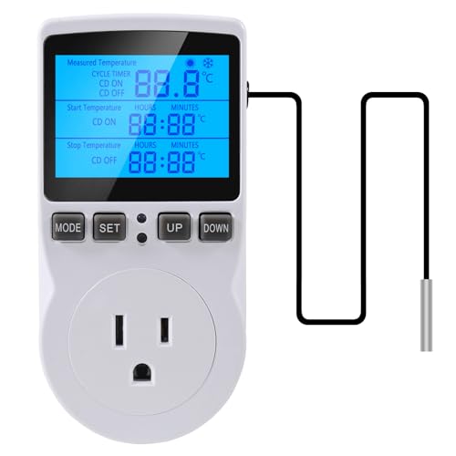 UMLIFE 1Pack Digital Temperature Controller Thermostat Timer - Reptile Thermostat Controller Day Night Timer 110V 15A Temperature Controlled Outlet Plug Heating Cooling Control with Sensor - style: 1PCS