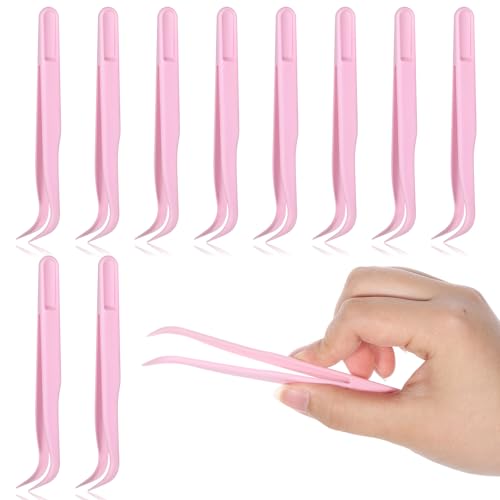 10 Pcs Bent Plastic Tweezers, Kids 4.5 Inch Craft Tweezers Long Sticker Tweezer for Kids Crafting, DIY Jewelry Making, Stickers, Bead Bracelets, Feeding Reptiles, Baking Decoration (Pink)