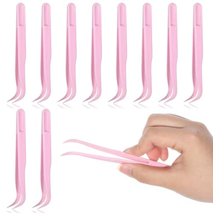 10 Pcs Bent Plastic Tweezers, Kids 4.5 Inch Craft Tweezers Long Sticker Tweezer for Kids Crafting, DIY Jewelry Making, Stickers, Bead Bracelets, Feeding Reptiles, Baking Decoration (Pink)