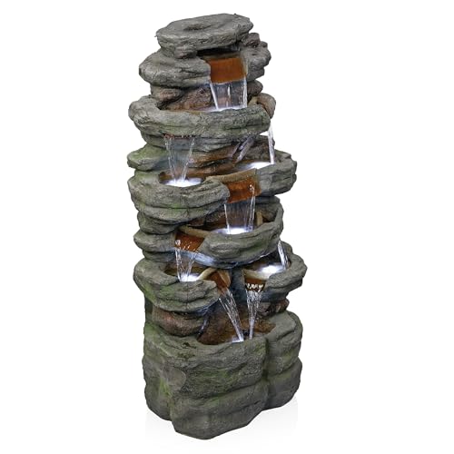 Alpine Corporation TZL352 Outdoor Floor Stone Tower Fountain with LED Lights, Multi-Level Garden Water Fountain, 47"H, Gray - style: 47" H - Multi-Level Cool White LEDs