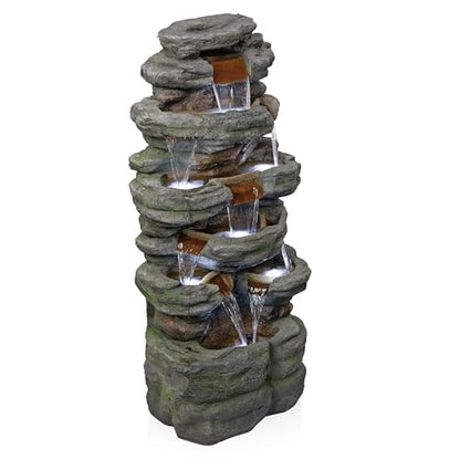 Alpine Corporation TZL352 Outdoor Floor Stone Tower Fountain with LED Lights, Multi-Level Garden Water Fountain, 47"H, Gray - style: 47" H - Multi-Level Cool White LEDs