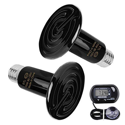 2-Pack 75W Ceramic Heat Lamp with 1-pcs Digital-Thermometer | No Light No Harm, Infrared Heater Emitter Bulbs for Reptiles, Amphibians, Chicken Brooder Coop Lizard Turtle Snake Aquarium
