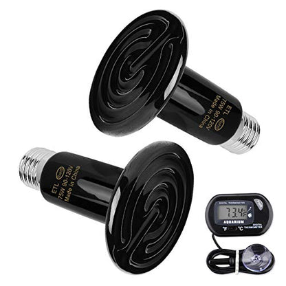 2-Pack 75W Ceramic Heat Lamp with 1-pcs Digital-Thermometer | No Light No Harm, Infrared Heater Emitter Bulbs for Reptiles, Amphibians, Chicken Brooder Coop Lizard Turtle Snake Aquarium