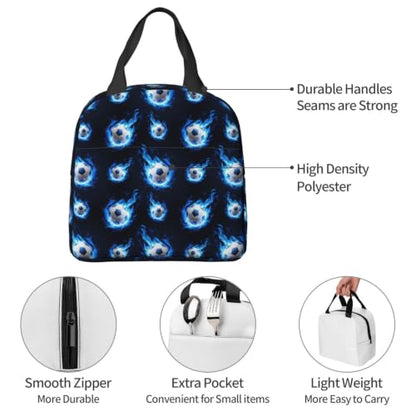 Women Flame Soccer Print Insulated Lunch Box Leakproof | Blue Flame Soccer Ball, Neoprene Thermal Cooler Bag, Padded Handle, Compact Tote for Commute & Travel - color: Pattern (850)