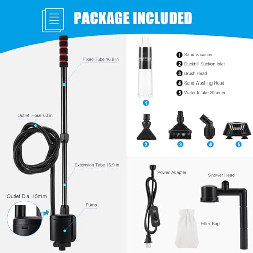 AQQA Aquarium Gravel Cleaner, 6-in-1 Fish Tanks Gravel Vacuum Cleaner Set | Remove Dirt, Change Water, Wash Sand, Water Shower, Water Circulation (20W, 320GPH)