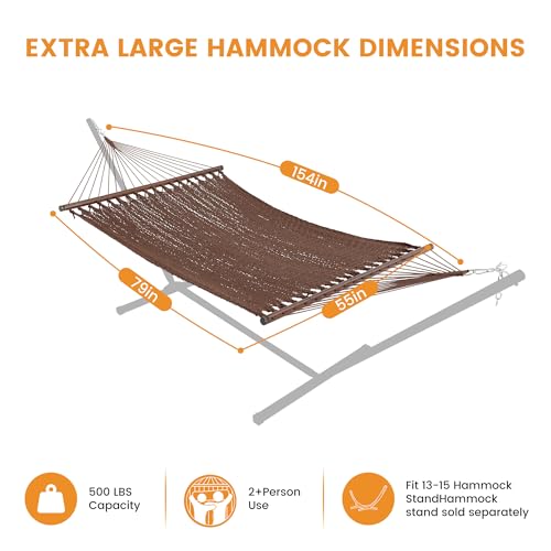 Lazy Daze Hammocks 13 FT Extra Large 2+ Person Caribbean Rope Hammock, Hand Woven Polyester XL Hammock with Spreader Bars, for Outside Outdoor Backyard Patio Poolside, 500 LBS Capacity, Brown - color: Brown