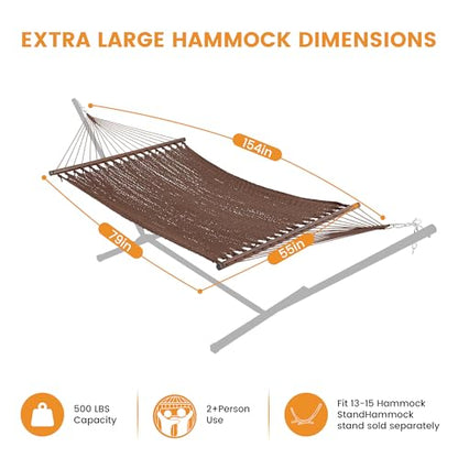 Lazy Daze Hammocks 13 FT Extra Large 2+ Person Caribbean Rope Hammock, Hand Woven Polyester XL Hammock with Spreader Bars, for Outside Outdoor Backyard Patio Poolside, 500 LBS Capacity, Brown - color: Brown