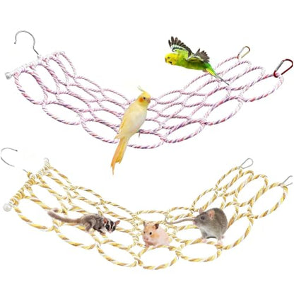 2 Pcs Bird Swing Climbing Rope Net Toys 14" x 24" Parakeet Hemp Rope Perch Swing Ladder Bridge Hanging Hammock Small Animal Activity Toy for Parrot Lovebirds Hamster Mice Rat Ferret (Random Color) - size: 2Pcs