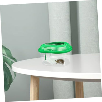 Portable Reptile Feeding Tank with Enclosed Lid Small Green Pet Transport Container for Snake Breeding Turtle and Crab Catching Convenient Handle Sunbathing Platform