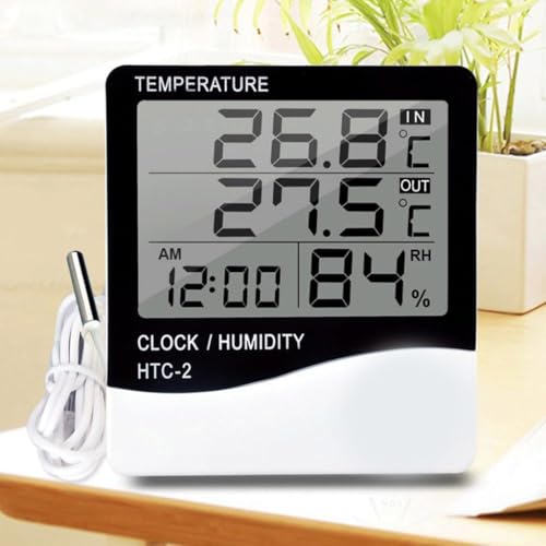 Temperature Humidity Meter, LCD Digital Indoor Outdoor Thermometer Hygrometer with Clock & Sensor Wire, Humidity Monitor for Home, Reptile, Greenhouse, Basement