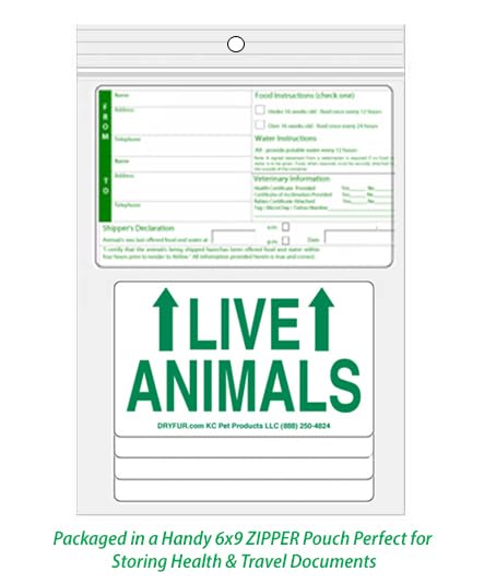 Live Animal Shipping Label Set of 5 (Waterproof, Reflective, Plastic & Paper) for Airline Travel, Includes Kennel Name Tag & Zipper Pouch