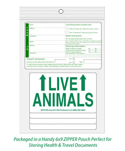 Live Animal Shipping Label Set of 5 (Waterproof, Reflective, Plastic & Paper) for Airline Travel, Includes Kennel Name Tag & Zipper Pouch