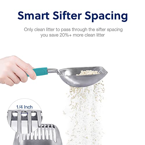 Cat Litter Scoop, Aluminum Alloy Sifter, Kitty Metal Scooper, Deep Shovel, Long Handle, Poop Sifting, Kitten Pooper Lifter, Durable, Heavy Duty, for Litter Box - color: FLAT Aluminum \ #02 Turkish Blue Handle, size: Large