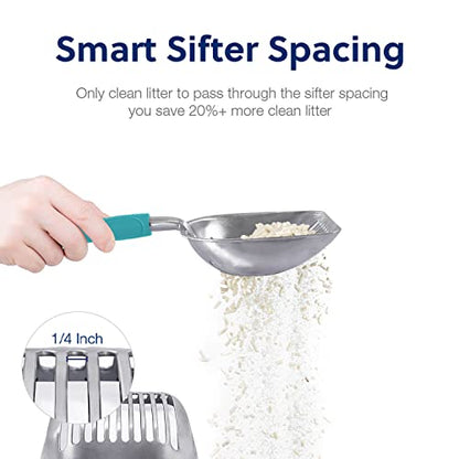 Cat Litter Scoop, Aluminum Alloy Sifter, Kitty Metal Scooper, Deep Shovel, Long Handle, Poop Sifting, Kitten Pooper Lifter, Durable, Heavy Duty, for Litter Box - color: FLAT Aluminum \ #02 Turkish Blue Handle, size: Large