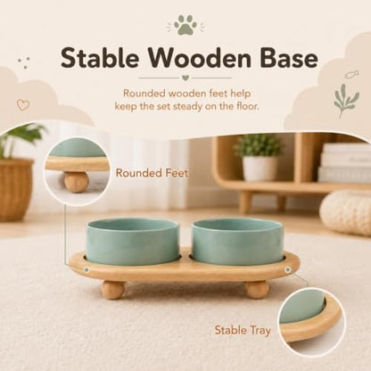 Havniva Raised Cat Bowl 5.1” Elevated Ceramic Cat Food and Water Bowl Set | Cat Bowls Elevated, Whisker Friendly Cat Bowl, Non-Slip Wood Stand, Food-Grade Ceramic, Wide Opening, Dishwasher Safe - color: Light Green, size: 2 Bowls+Tray - 5.1"