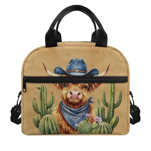 Southwestern Design Kids Lunch Bag Aztec Western Highland Cow Print: Insulated Main Compartment Keeps Fresh Ideal for Desert Trip, Cowboy Event & Nature Exploration - color: Aztec Western Highland Cow Print