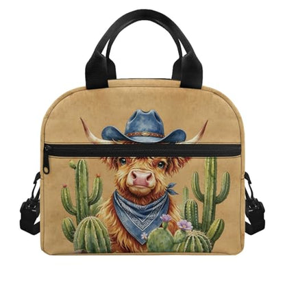 Southwestern Design Kids Lunch Bag Aztec Western Highland Cow Print: Insulated Main Compartment Keeps Fresh Ideal for Desert Trip, Cowboy Event & Nature Exploration - color: Aztec Western Highland Cow Print