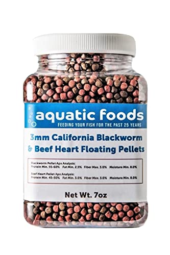 3mm California Blackworm & Beef Heart Floating Pellets, for Discus, Cichlids All Tropicals, Koi and Pond Fish…7oz Small Jar