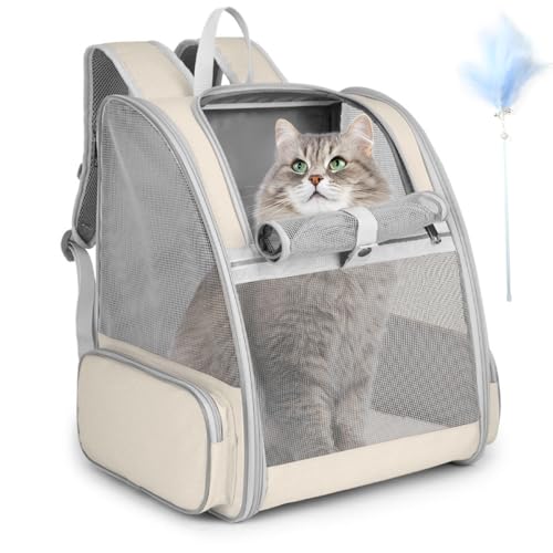 Cat Backpack Carrier, Large Pet Carrier Backpack with Kitten Wand Feather Toy for Medium Small Dog Cat Puppy Kitty Bunny up to 15lbs, Ventilated Mesh Kitten Bookbag for Travel Walking Outdoor (Beige) - color: Beige