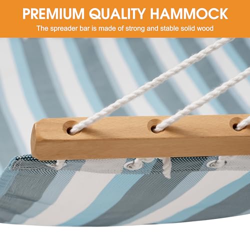 Lazy Daze Double Textliene Quick Dry Hammock with Spreader Bar for Outdoor | 11 Ft Hammock for 2 Person, Weather Resistant Fabric, 450 Lbs Capacity, Hammock Bed 78 x 55 In with Carabiners, Chains - color: Blue White Stripes