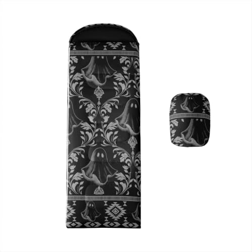 Erosebridal Longhorn Cow Skull Sleeping Bag for Kids Goth Witchy Damask Camping Blanket for Hiking Travel Hunting Sleep Bag - color: Black Halloween Ghost