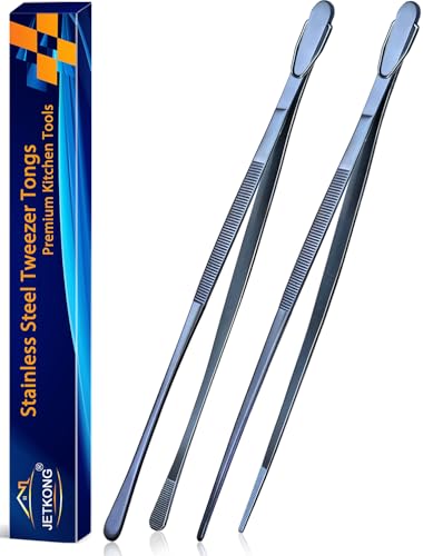 JETKONG 2 Pcs 14-Inch Cooking Tweezer Tongs Extra- Long Stainless Steel Kitchen Tweezers Plating Tongs (Navy Blue) - color: Navy Blue, size: 14+14 Inch