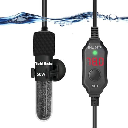YukiHalu Small Submersible Aquarium Heater, Adjustable Mini Fish Tank Heater 25W 50W 100W 200W 300W with External Temperature Controller, LED Display, Used for 5/10/20/40/60 Gallons (50 Watts) - size: 50 Watts