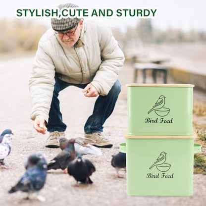 Bird Seed Storage Container Set of 2,10LB Bird Food Container-Green | Metal Bird Seed Container with Bamboo Lids, Airtight Wild Bird Seed Tin for Storing Sunflower Seed-Squirrel proof - color: Green(Bird Feed)