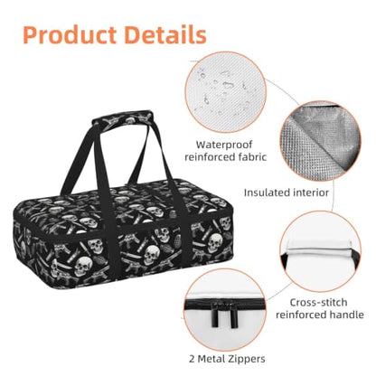 Casserole Carrier with Handles Urban Skull Print | Creative Monochrome Urban Mix Skull, Thermal Carrier with Handles Zipper Fits 9x13 Baking Dish Potluck BBQ Travel - color: Pattern (761)