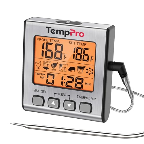 TempPro TempTrack Digital Meat Thermometer for Cooking and Grilling | BBQ Food Thermometer with Backlight and Kitchen Timer, Grill Temperature Probe Thermometer for Smoker, Oven, Baking, Oil - color: Light Silver