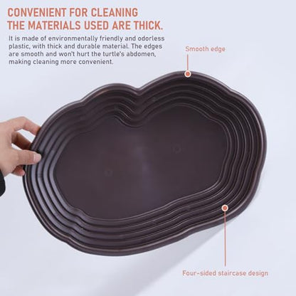 Reptile Water Dish, 15x11x2 Large Simulation Tortoise Water Dish, Decorative Plastic Stepped Reptile Bathing Pool for Lizard Gecko Turtle Turtle Tub Tortoise Habitat