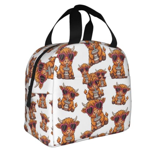 Unisex Funny Highland Print Insulated Lunch Box Durable | Cute Funny Highland Cow Heart Glasses, Oxford Foam Insulated Tote, Adjustable Strap for Travel, Gym & Hiking - color: Pattern (864)