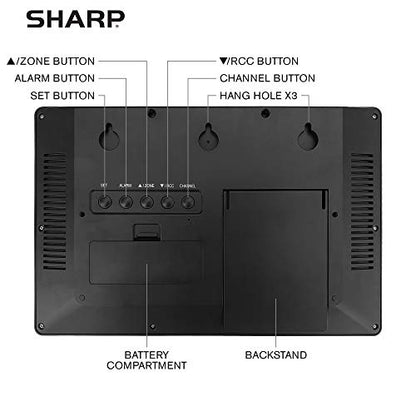 Sharp Atomic Clock with 4-Inch Display, Outdoor Sensor, Battery Powered | 4-inch numbers; Self-setting atomic time; Indoor/outdoor temperature; Wireless sensor; Battery powered; Easy setup
