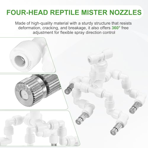 M METERXITY Reptile Mister Nozzles, 0.4mm Pore Copper 1/4" Four-Head Reptile Misting Spray Nozzle with filter Plug for Terrarium/Vivarium, 360 Degree Adjustable Nozzle [White]