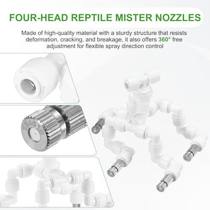 M METERXITY Reptile Mister Nozzles, 0.4mm Pore Copper 1/4" Four-Head Reptile Misting Spray Nozzle with filter Plug for Terrarium/Vivarium, 360 Degree Adjustable Nozzle [White]