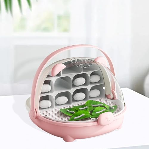 Silkworm Breeding Box Portable Reptile Habitat Feeding Container Hatching Cage with Divided Rearing Zone Easy to Clean Suitable for, Pink - color: pink