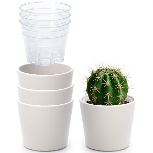 Phoenix Vine 3.5 Inch Oatmeal Plastic Cachepot with Clear Nursery Pot, Decorative Lightweight Planter Cover with Transparent Inner Pot for Indoor Houseplants, Pack of 4, 24-A-G-4 - color: Oatmeal, size: 3.5" (4 Pack)