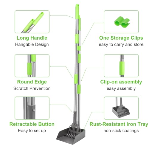 Non-Breakable Pooper Scooper, Dog Pooper Scooper Tray & Rake Set with Adjustable Stainless Steel Long Handle for Large Medium Small Dogs (Green) - color: Green
