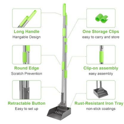 Non-Breakable Pooper Scooper, Dog Pooper Scooper Tray & Rake Set with Adjustable Stainless Steel Long Handle for Large Medium Small Dogs (Green) - color: Green