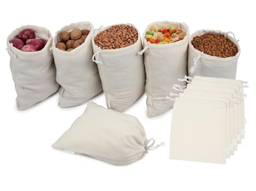 Organic Cotton Produce Bags - Medium 8x10 Inch (12 Bags) - Reusable Muslin Storage Bags with Drawstrings - Biodegradable Canvas Fabric - Perfect for Snacks, Clothes - size: 8 x 10 inches (Pack of 12)