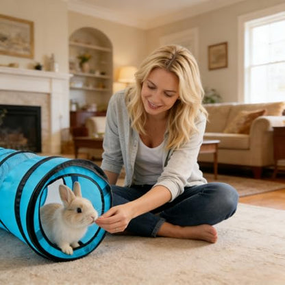 PAWISE Cat Tunnel for Indoor Cats, Collapsible Pet Tube with Peek Hole | Peek hole, tear-proof polyester, 10.5x34.5in, for cats rabbits, blue - size: 34.5in